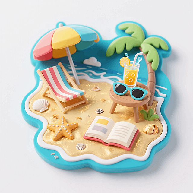 3D冰箱贴，岛屿造型，阳光明媚，金色沙滩，贝壳，海星，海浪。沙滩上有彩色遮阳伞、躺椅，翻开的书，太阳镜，旁边小桌上有冒冷气挂水珠的果汁。配色鲜艳明亮。