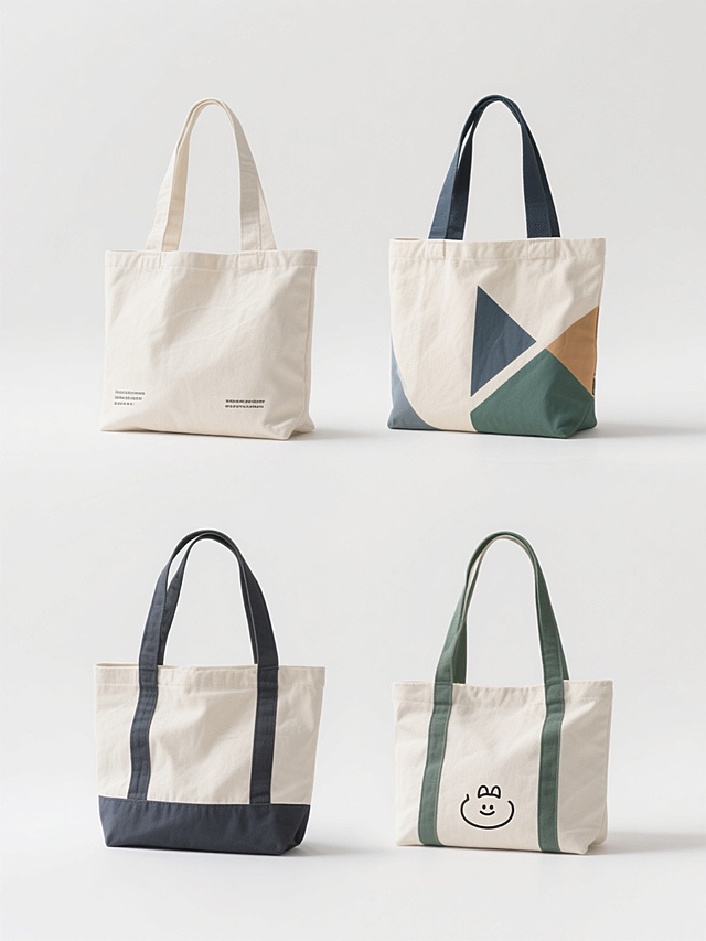 一组4个不同配色、不同样式、不同材质的帆布包元素，干净简约风格，符合现实逻辑，适用于素材使用。每个帆布包都有清晰的结构和细节，包括手提带、包身主体，采用多角度展示。整体画面为纯白色背景，光线柔和均匀，无明显阴影，突出帆布包的质感和设计。配色方案多样，包含纯色、简约图案、撞色设计等，材质表现包括纯棉帆布、水洗帆布、牛津布等不同纹理效果。每个帆布包设计独特，有的带有简约文字印花，有的有几何图形装饰，有的为纯色基础款，有的带有卡通图案，整体保持统一的干净设计感，适合作为设计素材直接使用。