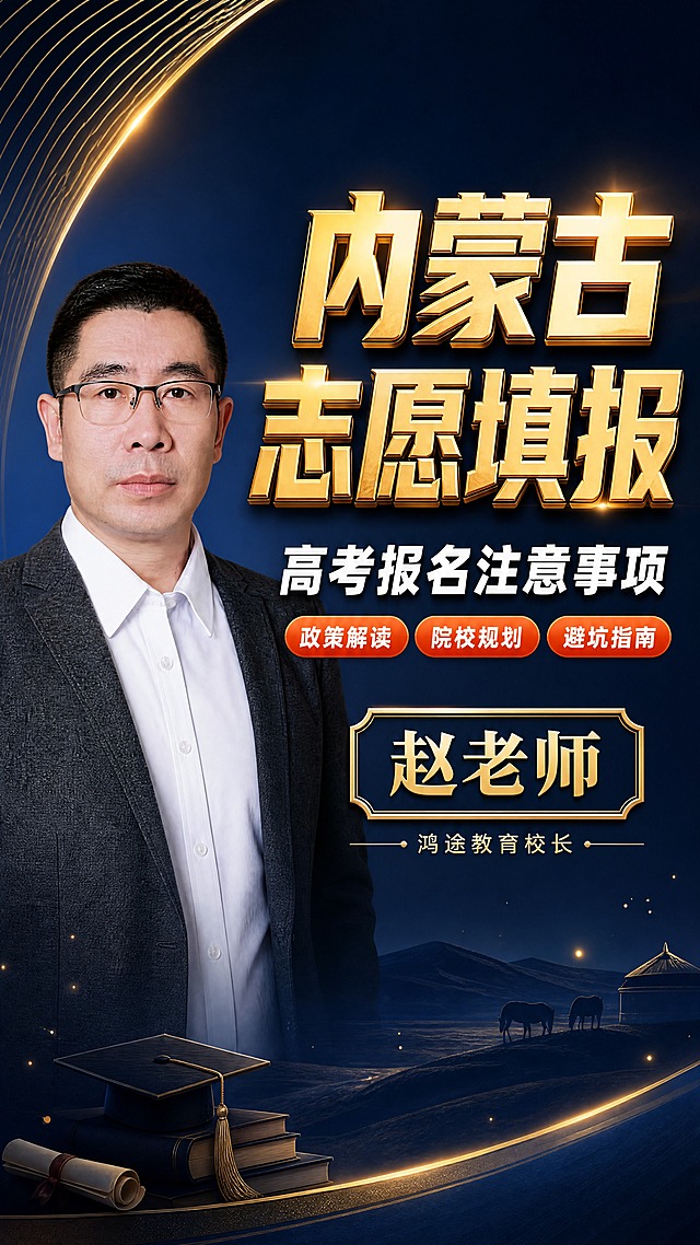 商业设计质感 画面精致高级 文字清晰锐利。竖版9:16直播封面图，知识教育类，主题为内蒙古高考志愿填报讲解。深蓝与金色高端配色，橙红色点缀，视觉冲击力强。画面左侧约40%区域放置一位中年男性讲师半身像（参考图1人物形象：短发、戴眼镜、穿深灰色西装白衬衫、表情严肃专业），人物已抠图融入画面，身体微侧向右，眼神坚定看镜头，人物边缘干净无白边。画面右侧及上部为文字信息区：顶部超大粗体主标题"内蒙古志愿填报"，金色立体字带厚重描边和光影效果，字号最大最醒目，是第一视觉焦点。主标题下方是白色粗体副标题"高考报名注意事项"，字号约为主标题的一半。副标题下方横向排列三个橙红色胶囊标签，分别写"政策解读""院校规划""避坑指南"，白字。再下方是讲师信息区：金色名牌框内写"赵老师"三个大字，下方小字"鸿途教育校长"。背景为深蓝色渐变，左上角有抽象的金色弧形线条装饰（参考图1左上角黑金弧线风格），底部有淡淡的草原轮廓、毕业帽、书籍等教育元素剪影，点缀少量金色星光粒子。整体构图左人右文，层次分明，留白充足，缩略图下人物轮廓和标题文字均清晰可辨。装饰元素不喧宾夺主，总投影面积不超过画面25%。