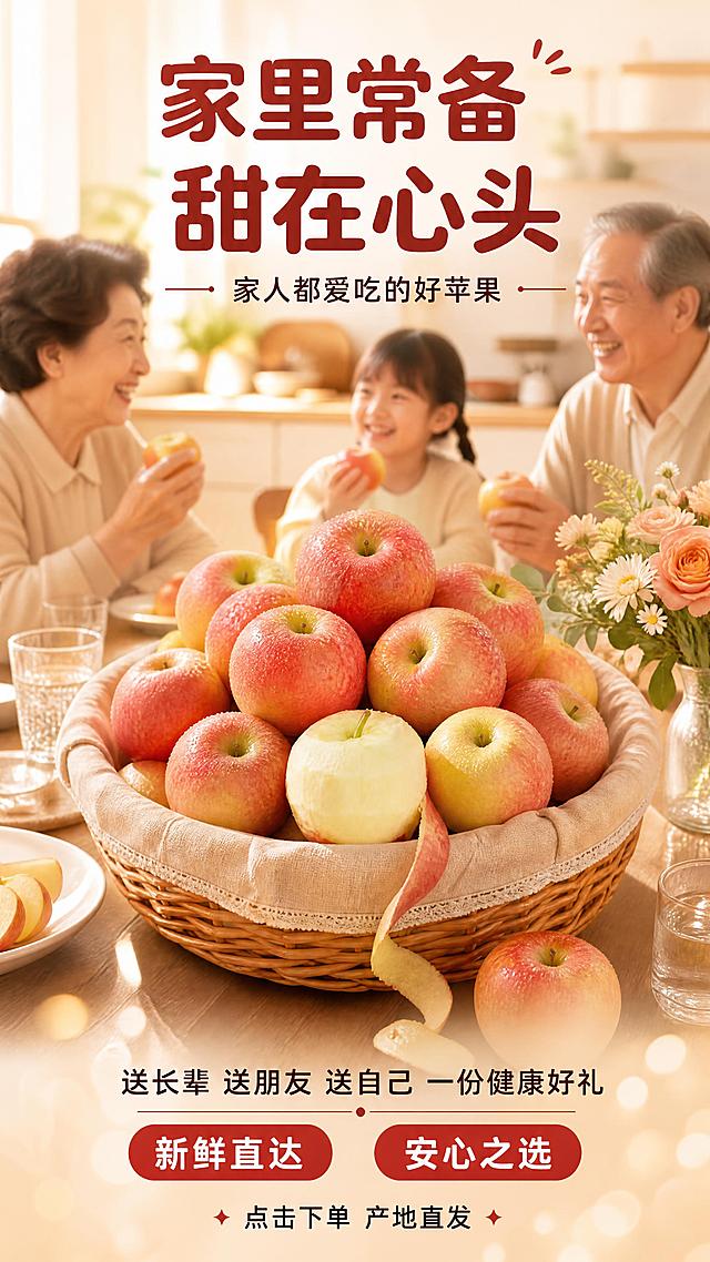 [第8张] 详情页收尾转化-樱桃小苹果家庭囤货/礼赠氛围。本张使用【图1】作为商品主体，融入家庭场景。
[氛围/风格] 温馨团圆氛围，暖色调，治愈系，商业生活方式摄影质感。
[元素布局] 画面展示温馨家庭餐桌场景：一大篮樱桃小苹果放在餐桌中央（苹果外观颜色与输入图一致），周围有果盘、水杯、鲜花；背景是虚化的厨房和暖黄灯光；整体营造家庭分享、节日礼赠的温暖感觉；苹果篮位于画面中心，占比约45%；画面下方有淡淡的光晕效果，烘托温馨氛围。
[光影质感] 暖黄主光+环境补光，整体色调温暖柔和，阴影自然，苹果表面有温暖高光，营造家的感觉。
[配色色系] 全局底色 #FFF8EE（米杏色）；主色暖黄+苹果红；辅助色木色、白色；点缀色暖光金色。
[视角构图] 45°微俯视，场景化收束，阅读动线顶部情感标题 → 中部苹果篮 → 底部收尾文案。
[文字版式] 顶部居中大标题「家里常备 甜在心头」，圆润黑体，字色深红#C0392B；副标题「家人都爱吃的好苹果」；中间偏下位置有一行文案「送长辈 送朋友 送自己 一份健康好礼」；底部2个收尾标签：「新鲜直达」「安心之选」，红色圆角标签白字；最底部小字「点击下单 产地直发」。文字不遮挡苹果主体。
[比例分辨率] 9:16竖版比例，4K分辨率，文字清晰可辨，高清画质。
[负向提示词] 苹果变形，颜色偏差，场景杂乱，水印，文字错乱，氛围冷清，文字过小。