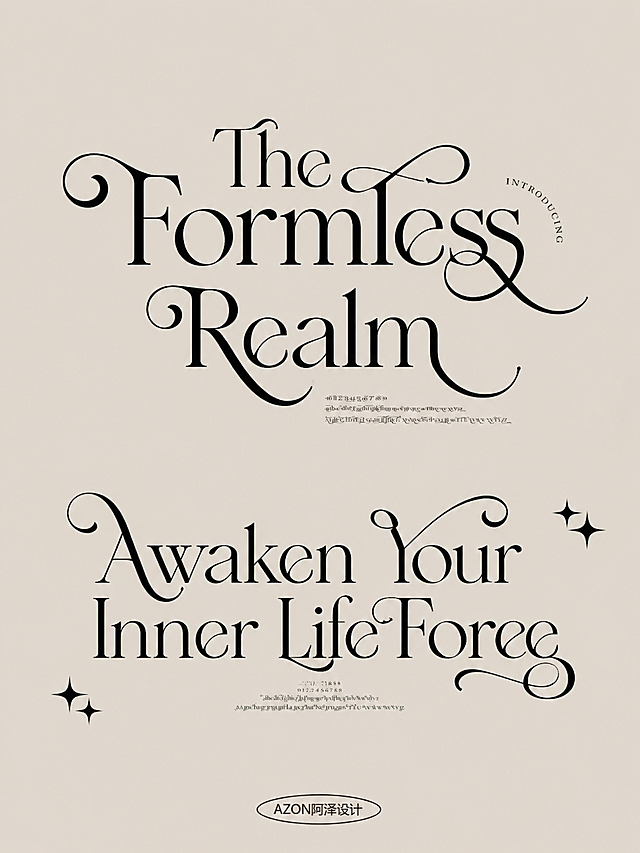参考参考图片的字体风格，设计“The Formless Realm · Awaken Your Inner Life Force”，保留这款高级现代衬线字体带优雅卷曲花体装饰的设计风格，整体排版参考参考图，米色背景，保持极简高级的设计感，字体为黑色，布局分为上下两段主标题，和参考图一致