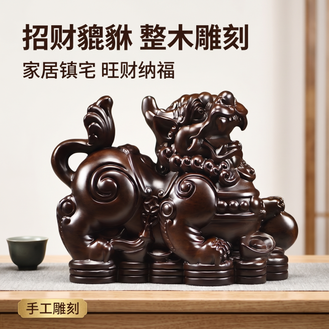 「图片1」，生成一套主图（5张），商品名称是招财貔貅，卖点是招财旺财，整木雕刻，风格是家居装饰，适配淘宝/天猫平台，主图比例为1:1预览效果