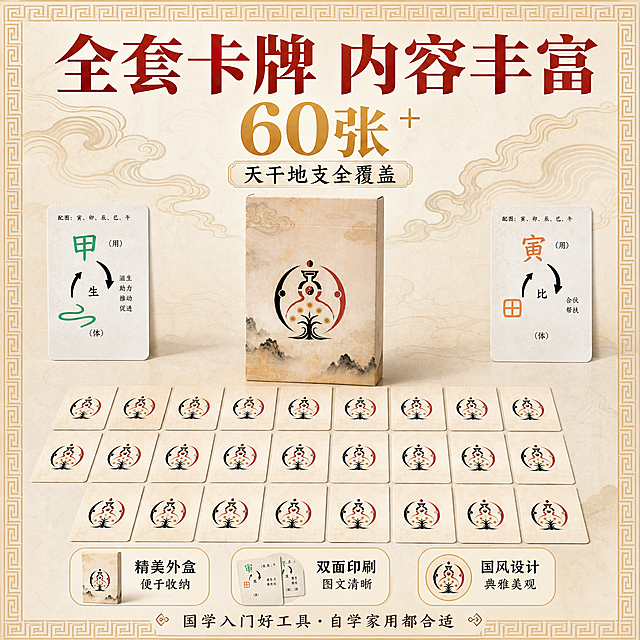 [主图-5] 全套内容与规格 卡牌数量与包装展示 性价比呈现
[统一基调] 拼多多风格 大字直白 国潮国风 米黄宣纸纹理背景 朱红主标题 墨黑辅助字 金色点缀 粗宋标题字体 无衬线说明字体 圆角卡片组件 传统云纹装饰
[画面] 画面上方展示完整外盒立放 盒面葫芦太极图案清晰 下方整齐排列全部卡牌的背面 呈矩阵排列展示数量规模 卡牌背面统一葫芦太极纹样 左右两侧各放一张正面卡牌示例 分别展示天干和地支卡面 背景米黄宣纸加传统回纹边框
[光影质感] 商业产品摄影 正俯视角度 均匀布光 卡牌排列整齐 盒体立体 整体干净清爽
[配色] 背景米黄宣纸色 主标题朱红色 规格数字金色 卡牌原色
[文字版式] 顶部大标题 全套卡牌 内容丰富 朱红粗宋 大标题下方用金色大号数字突出 60张+ 墨黑小字说明 天干地支全覆盖 画面下方三个圆角小图标横向排列 分别标注 精美外盒 双面印刷 国风设计 每个图标配简短文字 底部加一行小字 国学入门好工具 自学家用都合适
[输出要求] 1:1正方形 2048px 文字清晰无错字 产品完整 无水印 无平台Logo 无变形 无杂乱