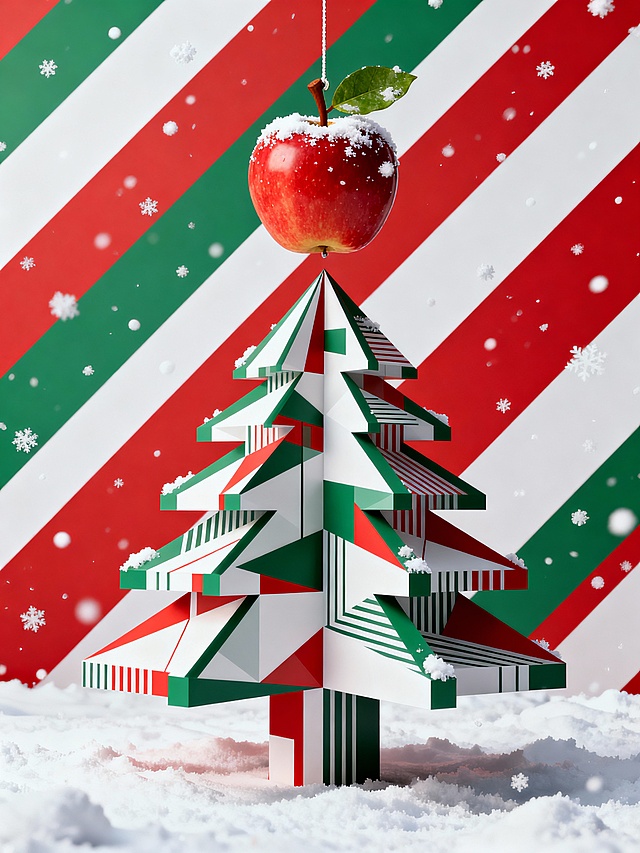 雪地场景中的圣诞平安果，带绿叶与棕色果柄，有少量落雪点缀。背景是红白绿斜条纹装饰，空中飘落白色雪花。