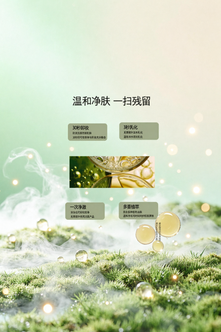 保留原卸妆油海报的全部文字和产品内容，保持原有排版不变，更换为2:3比例，重新生成一个类似自然清新风格的背景，替换原有的草地背景，保证整体风格干净和谐预览效果