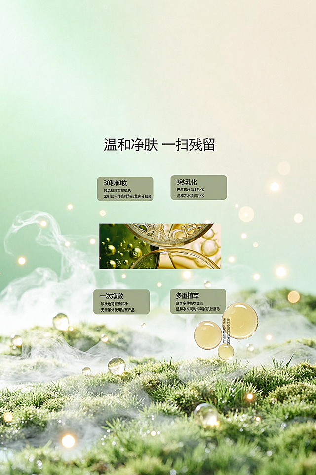保留原卸妆油海报的全部文字和产品内容，保持原有排版不变，更换为2:3比例，重新生成一个类似自然清新风格的背景，替换原有的草地背景，保证整体风格干净和谐