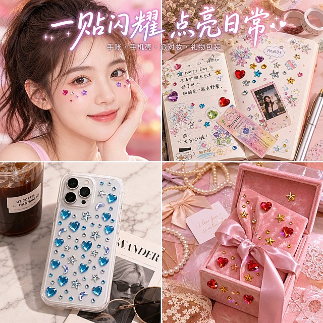 电商产品主图，1:1正方形构图。严格还原上传的亚克力宝石贴纸产品中钻饰的形状、颜色、光泽和立体厚度。画面采用四宫格等分布局，四个场景之间用细白色十字线分隔，整体为ins小红书网感时尚风格，高清实拍质感：左上格——00后女生面部特写，韩式伪素颜妆容，眼下和颧骨贴着粉色心形钻和紫色星星钻，高马尾造型，元气微笑，松弛感自拍，皮肤通透有光泽，背景虚化暖粉光晕；右上格——一本打开的手账本平铺俯拍，页面上有工整的手写日记文字和彩色涂鸦，贴着彩色心形钻和五角星钻，旁边有干花、和纸胶带、拍立得小照片、书签，手账旁放着一支银色钢笔；左下格——一只透明磨砂手机壳背面贴满蓝色心形钻和银色星星钻，旁边有冰美式咖啡、时尚杂志和墨镜，俯拍角度，桌面为奶白色大理石纹理；右下格——一个打开的粉色丝绒礼物盒，丝带和包装纸上点缀着金色星星钻和红色心形钻，旁边有珍珠项链、小卡片和蝴蝶结装饰。所有场景中出现的钻饰都鲜亮饱和、通透明亮、高光闪耀，绝对不能发黑、发灰、发暗或暗沉。画面顶部横跨四宫格上方居中放置主标题"一贴闪耀 点亮日常"，采用纤细手写感气泡字体，白色带粉紫渐变，带薄阴影，时尚杂志感排版；主标题下方副标题"手账・手机壳・派对妆・礼物包装"，使用细体浅灰色无衬线字体，居中排列，简洁高级。整体风格为软萌少女风 + ins时尚风，暖调自然光，四个场景色调统一在粉紫甜美色系中，色调偏高饱和元气感，网感十足，明亮干净，高级有美感。第4张，高饱和元气版