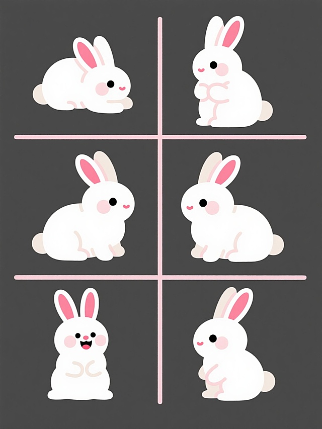 一张扁平化风格的卡通兔子集合插画，画面中六只可爱的白色小兔子以规整的2x3网格形式排列。每只兔子都拥有圆润的身体、长长的粉红色内耳、椭圆形的黑色眼睛和脸颊上淡淡的红晕。它们展现出六种不同的可爱动作：左上兔子趴在地上，耳朵向后贴；中上兔子坐姿，双手抱在胸前；右上兔子坐姿，耳朵竖起；左下兔子坐姿，侧头向右；中下兔子坐姿，嘴巴张开微笑；右下兔子坐姿，侧头向左。整体风格简洁明快，线条平滑，色彩柔和，以白色为主色调，点缀粉红色，营造出轻松愉悦的氛围，具有强烈的设计感和视觉吸引力。