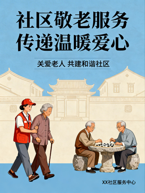 社区敬老服务宣传海报，简约温暖中国风风格，采用蓝色和米色为主色调，画面包含志愿者搀扶老人、老人下棋聊天等敬老相关温馨元素，配有文字“社区敬老服务 传递温暖爱心”，整体排版简洁美观，适合公众号发布使用。预览效果