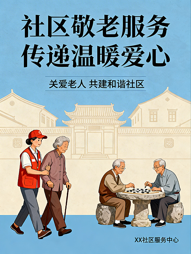 社区敬老服务宣传海报，简约温暖中国风风格，采用蓝色和米色为主色调，画面包含志愿者搀扶老人、老人下棋聊天等敬老相关温馨元素，配有文字“社区敬老服务 传递温暖爱心”，整体排版简洁美观，适合公众号发布使用。