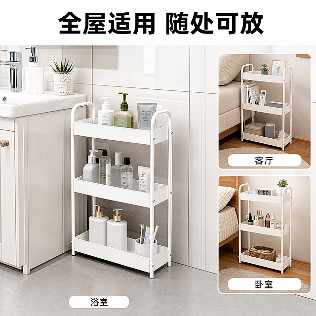 白色三层铁艺夹缝收纳架的多场景适用展示，采用画中画宫格版式，主画面是收纳架放在浴室角落收纳洗漱用品的场景，背景是白色瓷砖浴室和洗手台。画面右下角有两个小画中画方框：上方小方框展示收纳架放在客厅沙发旁收纳书籍和遥控器的场景，下方小方框展示收纳架放在卧室床边收纳护肤品和杂物的场景，每个小方框下方标注场景名称。保持白色三层铁艺收纳架的外观（物理结构、材质质感、白色铁艺颜色）与输入产品图绝对一致，杜绝任何变形和色差，精细化处理。主画面商品主体占比约60%。画面顶部大字标题"全屋适用 随处可放"，粗体黑色无衬线字体，居中排列清晰可读。整体风格统一，光影协调，干净明亮。1:1正方形构图，超高清商业摄影质感，光线柔和通透，产品清晰真实。负向提示：变形，文字错乱，产品模糊，背景杂乱，水印，电商平台Logo