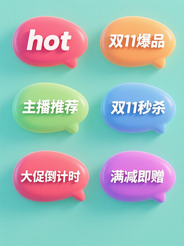 六个规整排布的促销标签素材，每个标签均为单一纯色背景，具有鲜明的3D立体效果和圆润可爱的造型风格，色彩鲜艳明快，光影柔和，带有轻微的高光和阴影以增强立体感。标签内容分别为"hot"、"双11爆品"、"主播推荐"、"双11秒杀"、"大促倒计时"、"满减即赠"，文字采用无衬线粗体字体，字号醒目，与纯色背景形成强烈对比，信息传达清晰直接，整体设计充满活泼欢快的促销氛围，符合电商大促活动的宣传目的。
