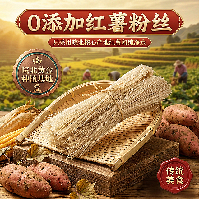 以红薯粉丝为主体，搭配文案"0添加红薯粉丝，皖北黄金种植基地，传统美食"，制作成丰收风格电商产品主图，背景加入红薯田丰收场景元素，突出食材优质产地
