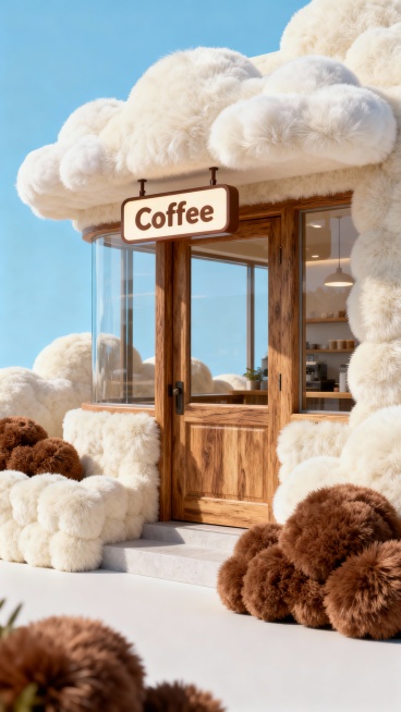 主体是一家的咖啡厅门口，颜色为米白和咖啡色调，画面为毛绒质感，背景为纯色预览效果