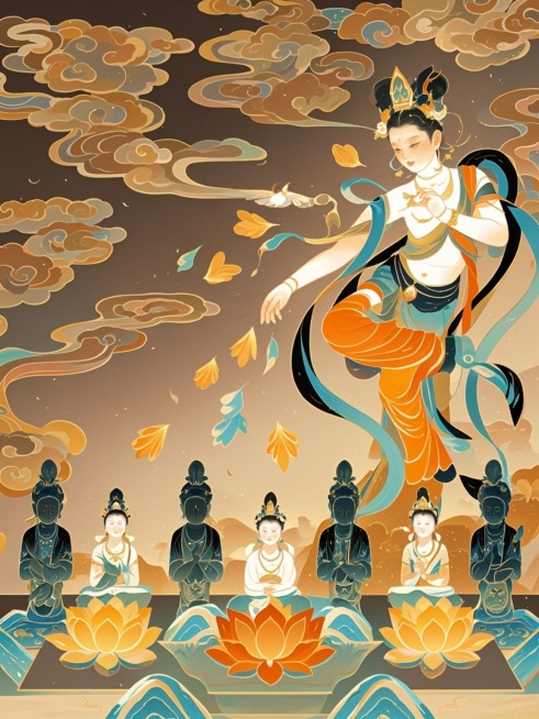 飞天祥云为背景，上方云纹搭配飞天像向下撒花，一缕光从飞天身下向下洒出，落在七尊像身上，七尊像按照前一，左后3右后3排列，，颜色丰富、渐变色，充满神秘、梦幻感觉预览效果