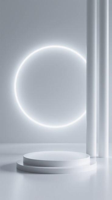 极简主义3D渲染背景，纯白无缝背景，左侧有两根垂直排列的白色光滑圆柱体，圆柱体表面有细微的光影渐变，画面中央偏下位置有一个圆形白色展台，展台边缘光滑，底部有淡淡的阴影增强立体感，展台后方有一个巨大的白色发光圆环，圆环边缘柔和发光，呈现出均匀的光晕效果，整体光线柔和，光源来自发光圆环，营造出简洁、现代、科技感与高级感并存的氛围，画面干净整洁，无任何文字和装饰元素，只有纯粹的几何形态与光影构成。预览效果