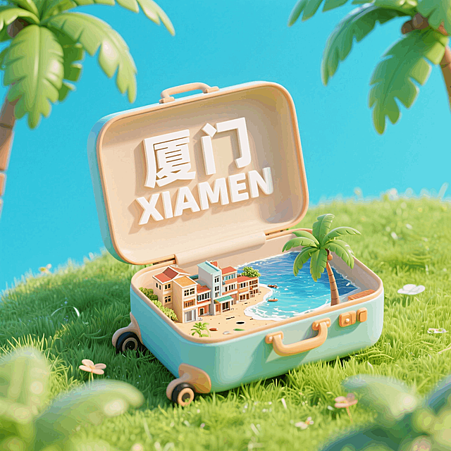 俯视图，一个打开的行李箱，行李箱内侧盖子写着“厦门 XIAMEN“，行李箱体里是沙坡尾、大海、椰子树组成的3d微缩景观，行李箱被放在草地上