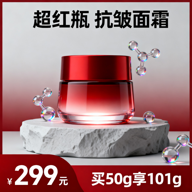 [主图 1] 产品首图品牌调性展示，超红瓶抗皱面霜超值促销
[氛围风格] 纯净科技感，高级美妆电商风，通透水润亮调
[画质] 商业摄影质感，超写实C4D渲染，Octane物理级渲染，产品清晰真实，画面预览效果