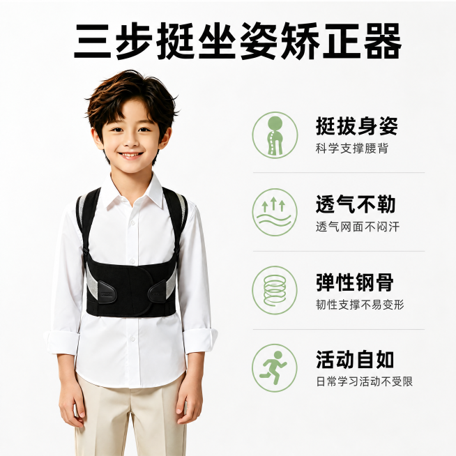 [主图-5] 三步挺坐姿矫正器完整卖点总结图
[氛围风格] 清新自然简洁专业
[画质] 商业摄影质感，光线柔和通透，产品清晰真实，画面干净高级
[元素] 左侧展示矫正器整体穿戴效果，保持产品外观和小男预览效果