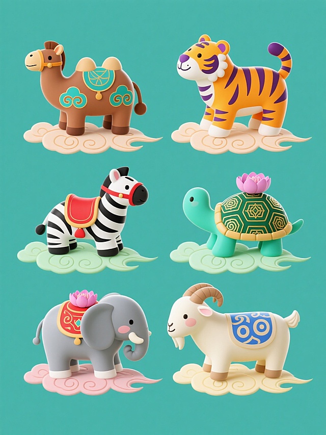 六个不同色彩的中国传统手绘风格动物图案系列，保持相同的装饰性线条和几何花纹，规整排布在纯色背景上，每个动物姿态生动，带有飘逸的云纹底座：棕色骆驼配蓝绿色花纹、黑白条纹斑马配红色鞍饰、橙黄色老虎添紫色祥云、青绿色乌龟背覆金色纹路、灰色大象饰粉色莲花、米白色山羊缀蓝色卷草纹，整体风格统一为扁平插画形式，色彩明快和谐。