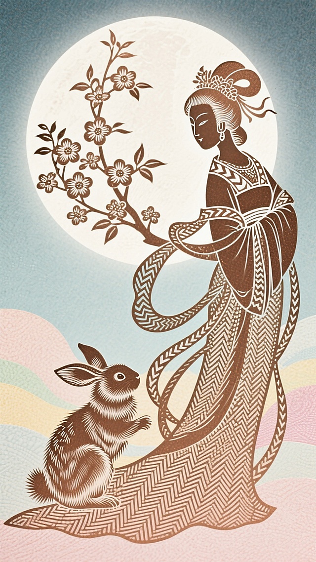 剪纸风与皮影风融合，古典嫦娥剪影立于明月之下，手持花枝，玉兔相伴，线条优雅，色彩柔和，营造出中秋静谧唯美的梦幻意境。