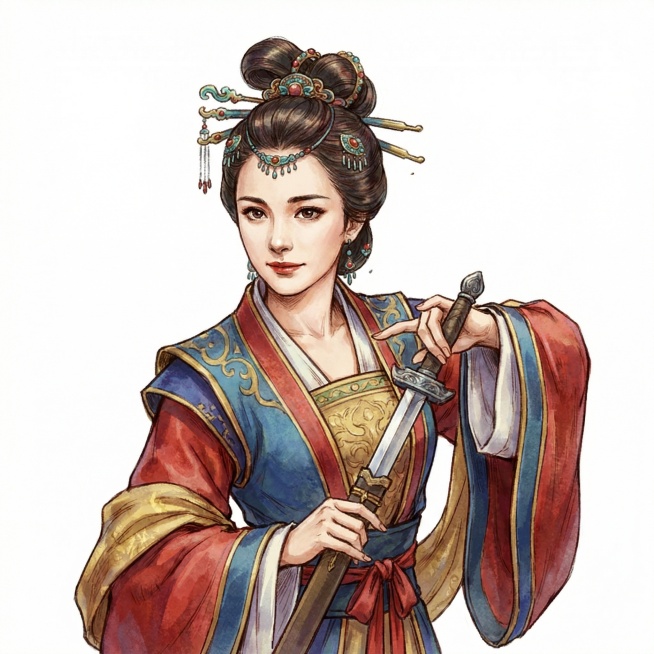 图片的尺寸、比例、画风不做修改，人物的手势、衣服、发型、发饰贴近金庸小说神雕侠侣中的郭芙，人物的五官和表情贴近女明星杨幂预览效果