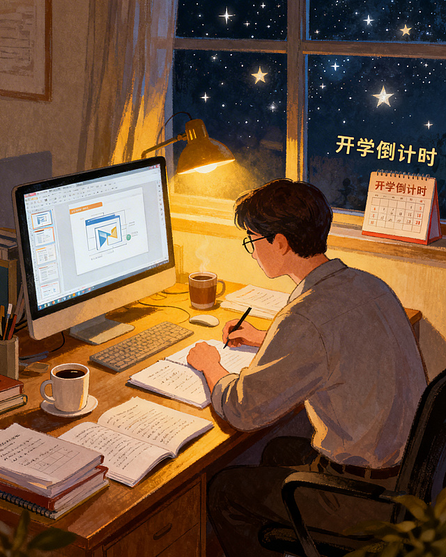 温馨手绘风格，4:5比例，书桌前熬夜备课的教师，电脑屏幕显示PPT界面，周围散落咖啡杯、教案本，窗外是星空和"开学倒计时"日历