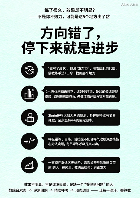 A4尺寸健身工作室宣传海报，主色调清新干净，极简设计风格。顶部标题文字："练了很久，效果却不明显？——不是你不努力，可能是这5个地方出了岔"。中间突出位置放大显示核心金句："方向错了，停下来就是进步"预览效果
