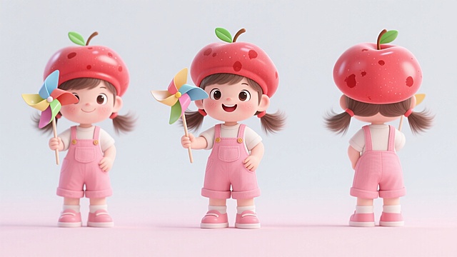 一个戴着苹果贝雷帽小女孩，穿粉色背带裤，拿着小风车