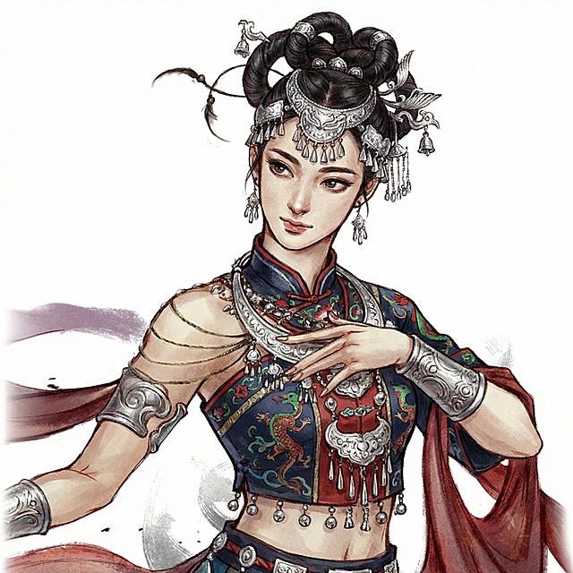 照片的比例和尺寸不做修改，人物的动作和造型不做修改，衣服和发饰、发型贴近金庸小说笑傲江湖中的蓝凤凰，人物的五官和神情贴近女明星张嘉倪