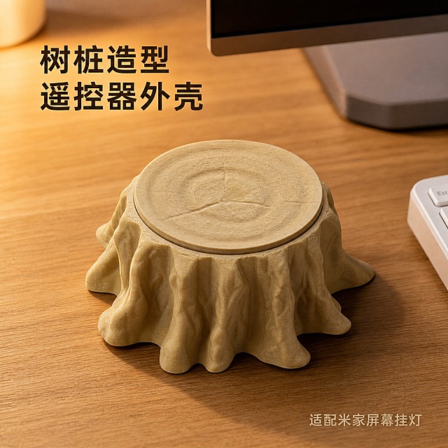 [主图-1] 树桩造型米家屏幕挂灯遥控器外壳 商品识别主图
[统一基调] 干净暖色调电脑桌面场景，暖木色桌面，柔和暖光，商业摄影质感，产品占据画面主位，1:1正方形构图。
[画面] 画面中心是3D打印的树桩造型遥控器外壳，浅原木色/米黄色，树桩纹理清晰，年轮纹路自然，上盖盖合状态完整展示。外壳内部嵌入黑色圆形米家屏幕挂灯遥控器，上盖平整盖好。产品放置在暖木色电脑桌面上，桌面干净整洁，背景虚化，隐约可见电脑显示器边缘、键盘一角等桌面元素，营造温馨的桌面办公氛围。产品占画面约65%，位于视觉中心，略微俯视45度角，完整展示树桩外形和上盖年轮纹理。
[光影质感] 柔和暖光从左上方照射，树桩表面纹理有自然明暗过渡，底部有柔和接触阴影，产品立体感强，3D打印层纹质感真实自然，不突兀。
[配色] 主色调暖木色+米黄色产品，背景暖棕调桌面，整体温暖舒适，无冷色干扰。
[文字版式] 画面左上角有简洁主标题"树桩造型遥控器外壳"，字体为简洁无衬线粗体，深棕色，字号适中，不遮挡产品。右下角小字"适配米家屏幕挂灯"，浅棕色。
[输出要求] 1:1正方形比例，2K分辨率，产品清晰锐利，背景干净统一，无水印、无平台Logo、无变形、无多余杂物。负向：模糊、色差、变形、悬浮、穿模、杂乱背景、冷色调、产品占比过小。