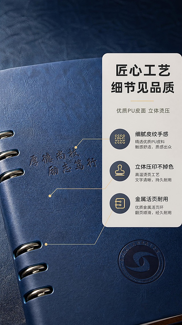 [商品] 使用【图1】蓝色皮质活页笔记本；保留深蓝色PU皮面纹理、压印校训文字、圆形校徽压印、左侧活页金属环细节；微距放大封面右上区域，使皮质纹理与压印工艺清晰可见；增强皮面肌理与压印凹陷立体感，不改变文字与图案内容。
[画面] 第3张 细节质感，目标展示皮面纹理与烫压工艺品质；左图右文构图，左侧为封面局部微距特写，聚焦校训压印与周边皮面纹理，右下角露出部分校徽；产品局部占画面约70%，平视微俯角度，背景虚化深色皮质延展；阅读动线从右上标题到左侧细节。
[视觉] 套系策略：风格=商务沉稳高级商业摄影；标题字=现代简约粗黑体；正文字=简洁无衬线体；主色=藏青蓝；背景延展=基于藏青蓝做深浅层级、同色渐变与皮质肌理质感；强调色=暖金色，仅用于小面积图标、引线和标签；标题色=深炭灰；正文色=中暖灰；组件=圆角浅底信息卡、细线引线；光影=侧光突出纹理立体感，柔和明暗过渡。
[文字] 右侧信息卡放主标题“匠心工艺 细节见品质”，副标题“优质PU皮面 立体烫压”，下方3个工艺卖点：细腻皮纹手感、立体压印不掉色、金属活页耐用；文字横排，用引线指向对应细节部位。
[规格] 图片比例9:16竖版，4K，避免变形、错字、文字模糊、皮面颜色改变、压印失真。