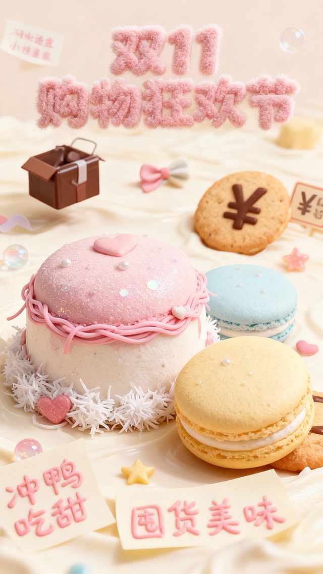 软3D风甜品微缩场景，粉嫩色调营造甜美梦幻氛围，粘土质感搭配粒子光效，趣味十足的促销元素点缀其间，传递双11购物狂欢的可爱与浪漫。