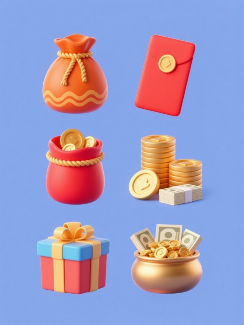 3D喜庆风格，六个规整排布的简约现代造型素材，纯色背景，无文字无logo无水印。元素包含：橙红色福袋带有金色绳结和波浪纹，露出内部金币；红色红包；一堆金黄色金币；彩色礼盒；一沓钞票；聚宝盆内盛满财宝。整体采用光滑的3D材质，统一的喜庆暖色调，柔和高光与阴影，营造出节日的欢乐与富足氛围。预览效果