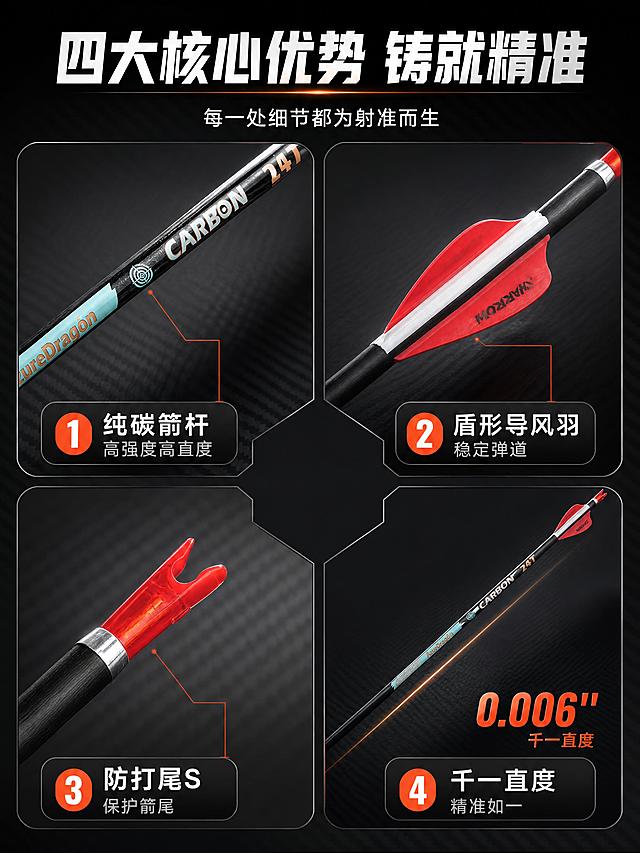 [商品] 使用【图1】青龙千一纯碳箭单支细节图；保留纯碳箭杆、红白盾形胶羽、银色箭头、红色防打尾S箭尾、AzureDragón/CARBON/SHARROW文字标识；箭支结构、比例、颜色、材质完全保真。
[画面] 四宫格细节型，目标展示四大核心卖点。画面分2×2四格，每格对应一个核心部件特写：左上=纯碳箭杆纹理（箭杆中段微距），右上=盾形导风羽（羽片侧视），左下=防打尾S箭尾（箭尾特写），右下=千一直度（箭杆笔直度示意+数字）。中心区域留白放主标题。每格配编号+短说明。
[视觉] 套系策略：风格=专业运动户外商业摄影，硬朗科技感；标题字=粗黑体，力量感强；正文字=简洁无衬线黑体；主色=炭黑+深灰；背景延展=基于炭黑做深浅渐变、碳纤维暗纹、金属质感高光；强调色=橙红色，仅用于小面积标签、引线、高亮数字和羽片点缀；标题色=白色；正文色=浅灰色；组件=深色半透明信息卡、细线引线、圆角编号标签；光影=右前侧硬光，突出碳纤维质感和金属高光，边缘轮廓光。
[文字] 顶部主标题「四大核心优势 铸就精准」，副标题「每一处细节都为射准而生」。四格分别标注：①「纯碳箭杆 高强度高直度」②「盾形导风羽 稳定弹道」③「防打尾S 保护箭尾」④「千一直度 精准如一」。文字横排，每格文字位于底部或侧边，不遮挡产品细节。
[规格] 淘宝详情页3:4竖版，4K分辨率，负向提示：避免变形、错字、文字过小、箭支结构改变、羽片形状失真、颜色偏差、白底、浅灰背景、卡通风格、模糊、噪点、竖排文字。