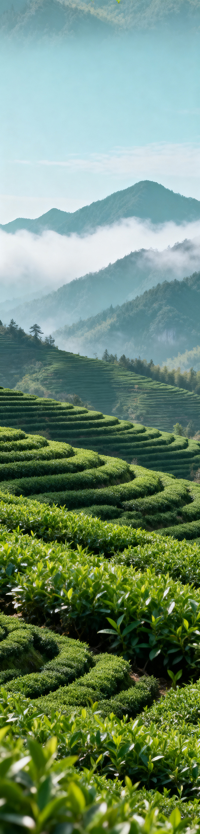 皖南高山生态茶园全景，群山云雾连绵，山间茶田层层叠叠，原生态无污染种植环境，晴朗自然光，绿意盎然，自然田园风，茶叶产地实景氛围感，1440*6000像素，清新国风、森系简约、低饱和青绿色调、自然光实拍质感、高清细腻