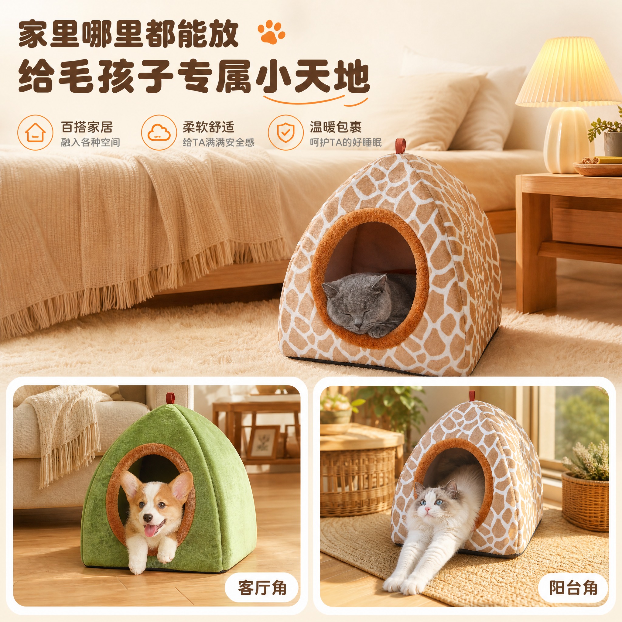 [主图-4] 场景与适配图，展示宠物窝在不同家居场景中的使用状… - 图片创意预览