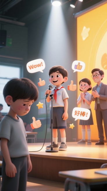 画面核心：一个鲜明的对比构图。
左侧（暗部/虚化）：一个孩子表情带着些许怯懦的低着头，是灰色的
右侧（亮部/C位）：另一个孩子，站在一个小舞台或圆圈中心，手持道具麦克风，自信、开朗地做着展示。一束柔和预览效果