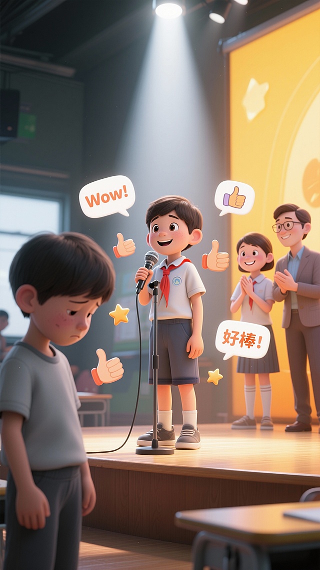 画面核心：一个鲜明的对比构图。
左侧（暗部/虚化）：一个孩子表情带着些许怯懦的低着头，是灰色的
右侧（亮部/C位）：另一个孩子，站在一个小舞台或圆圈中心，手持道具麦克风，自信、开朗地做着展示。一束柔和的“聚光灯”打在他/她身上，周围是两三个面向他、表情专注、带着欣赏和微笑的同学和老师。

设计风格：
色彩：左侧用稍冷的灰调，右侧用温暖明亮的色调（如阳光黄、活力橙），形成情感对比。
元素：在自信孩子的周围，可以设计一些轻盈漂浮的、象征“认可”的图标，如点赞小手、星星、对话气泡（内含“Wow!”、“好棒！”）