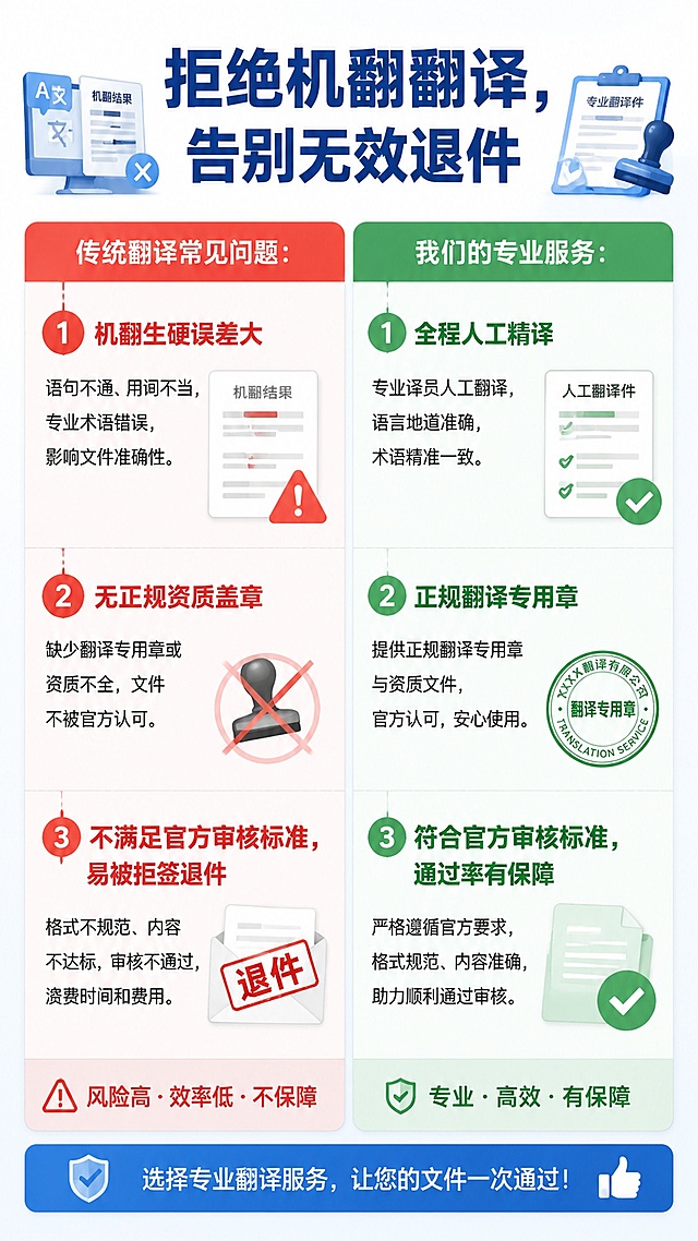 「图片1」，生成一套详情页，商品名称为人工证件翻译公证｜驾照/签证/成绩单/各类证书英文认证翻译服务，【首页核心Slogan】
官方合规认证翻译｜全球通用有效｜人工精译+盖章公证｜极速出件
签证留学/出国移民/境外办事/入职年审 全场景通用，拒绝机翻、无效退回！
一、服务简介
专注各类证件、证书、官方文件人工中英互译+公证认证服务，深耕出国、留学、移民、涉外办公翻译领域多年。全程专业译员人工精译，摒弃机器翻译生硬误差，严格遵循各国使馆、出入境管理局、学校、企业官方审核标准，翻译件带正规翻译专用章、认证资质，全球认可、审核通过率100%，杜绝因翻译不规范、无盖章导致的拒签、退件、审核失败问题，为你的涉外事务保驾护航。
二、全覆盖翻译品类（全场景可做）
✅ 留学学业类
个人护照、签证材料、无犯罪证明、出生证明、婚姻证明、户口本、身份证、居住证、银行流水、资产证明、存款证明、邀请函、担保信等
机动车驾驶证、行驶证、职业资格证、技能证书、营业执照、资质证书、专利证书、商标证书、房产证明、车辆登记证等
公证书、判决书、调解书、授权委托书、声明书、合同协议、涉外证明、审计报告、验资报告等
体检报告、疫苗证明、离职证明、入职材料、个人简历、各类涉外官方文件、企业涉外文书等，支持各类小众文件定制翻译
1. 纯人工精译，零机翻误差
2. 正规资质盖章，全球通用有效
3. 格式原版还原，无需二次修改
常规订单快速出稿，支持当日加急、特急出件，满足签证截止、院校申请、业务办理等紧急需求，不耽误办事进度，全程高效对接。
译文交付后支持免费微调文字、优化格式，全程一对一客服对接，答疑解惑，若因翻译资质、译文问题导致审核不通过，免费重译整改，售后无忧。
严格保密客户个人证件、隐私文件信息，全程加密传输、专属存档，完工后可按需清理资料，杜绝信息泄露，保障个人及企业隐私安全。
出国留学、院校申请、学分认证、学籍材料提交
海外移民、落户涉外审核、涉外公证办理
境外驾车、驾照换领、车辆涉外备案，适配淘宝/天猫平台，单图比例为9:16，需求屏数为5张。