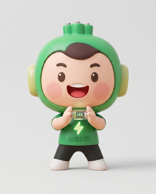 设计第五个不同造型的以绿色为主体的电池人IP形象吉祥物，可爱卡通3D风格，参考原图的风格预览效果