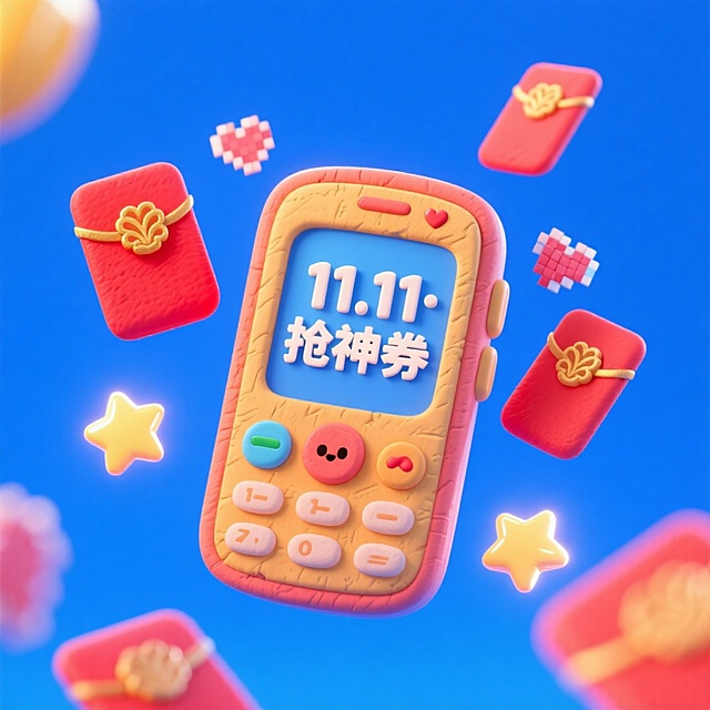 主体是一个复古手机造型的卡通形象，周围环绕着红包、像素爱心、星星等元素，手机屏幕显示着“11.11·抢神券”整体色彩鲜艳明快，风格可爱俏皮，营造出一种轻松有趣、富有创意的氛围，可能与创意设计、数字创作等相关场景有关，蓝色背景。