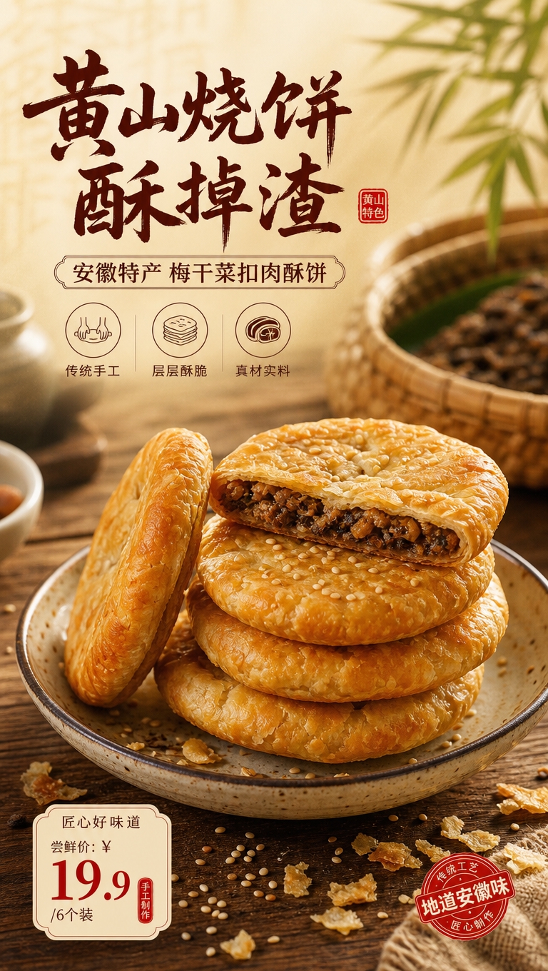 [商品] 使用【图3】黄山烧饼；保留圆形扁饼造型、金黄酥皮、芝… - 图片创意预览