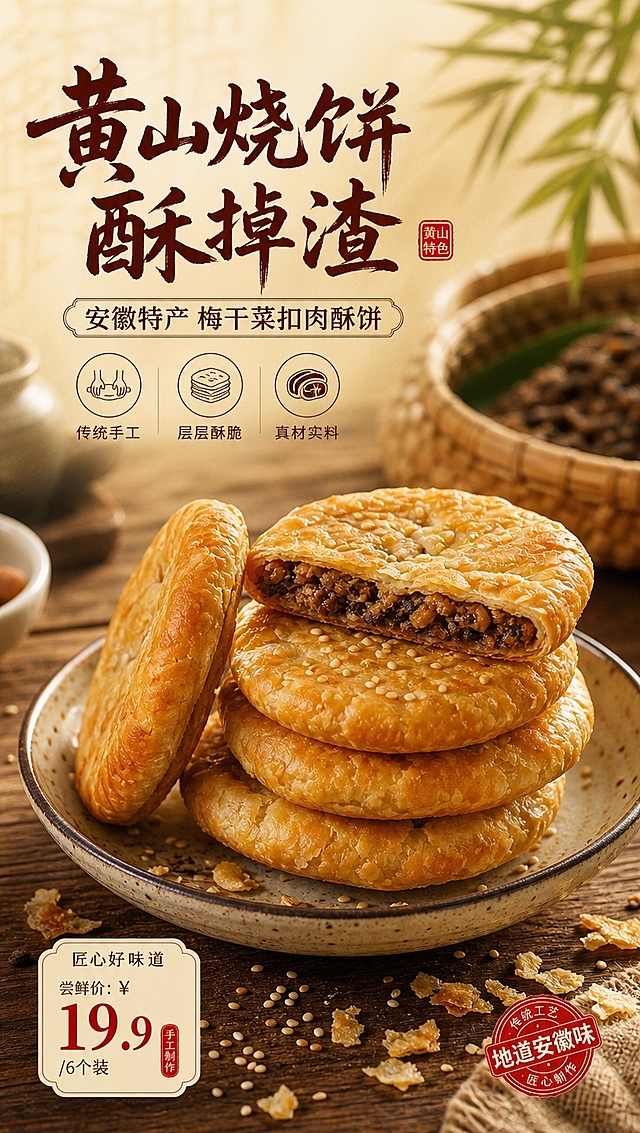 [商品] 使用【图3】黄山烧饼；保留圆形扁饼造型、金黄酥皮、芝麻点缀、梅干菜扣肉馅的真实外观，保留产品真实颜色和酥脆质感；增强酥皮层次纹理，让色泽更诱人。
[画面] 食欲氛围头图，场景氛围型，烧饼堆叠在古朴瓷盘中置于木质桌面，背景虚化绿叶与竹篮，≥3层环境元素；产品占画面65%，居中偏下，前景散落芝麻与酥皮碎屑，中景主体烧饼，后景虚化传统厨房元素；阅读动线从上到下。
[视觉] 套系策略：风格=中式传统烟火气商业美食摄影；标题字=粗黑体带手写笔触；正文字=简洁黑体；主色=暖金黄+深棕红；背景延展=基于暖木色做深浅层级、同色渐变和细腻木纹/麻布质感；强调色=朱红色，仅用于小面积标签、印章和价格标；标题色=深棕红；正文色=深褐色；组件=圆角米白底信息卡、朱红印章标签、细线引线；光影=左前侧暖柔光，突出酥皮油润光泽。
[文字] 顶部主标题「黄山烧饼 酥掉渣」，副标题「安徽特产 梅干菜扣肉酥饼」，下方3个卖点icon：传统手工、层层酥脆、真材实料；文字区位于画面上方1/3，不遮挡主体烧饼。
[规格] 图片比例9:16竖版，4K分辨率，避免变形、错字、文字过小、冷蓝背景、颜色失真、酥皮层次模糊。