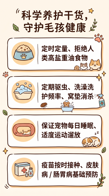 科学养宠知识科普页，主标题"科学养护干货，守护毛孩健康"，分四大竖栏模块从上至下排布：喂食模块文字"定时定量、拒绝人类高盐重油食物"配饭碗简笔画图标；清洁模块文字"定期驱虫、洗澡洗护频率、窝垫消杀"配预览效果