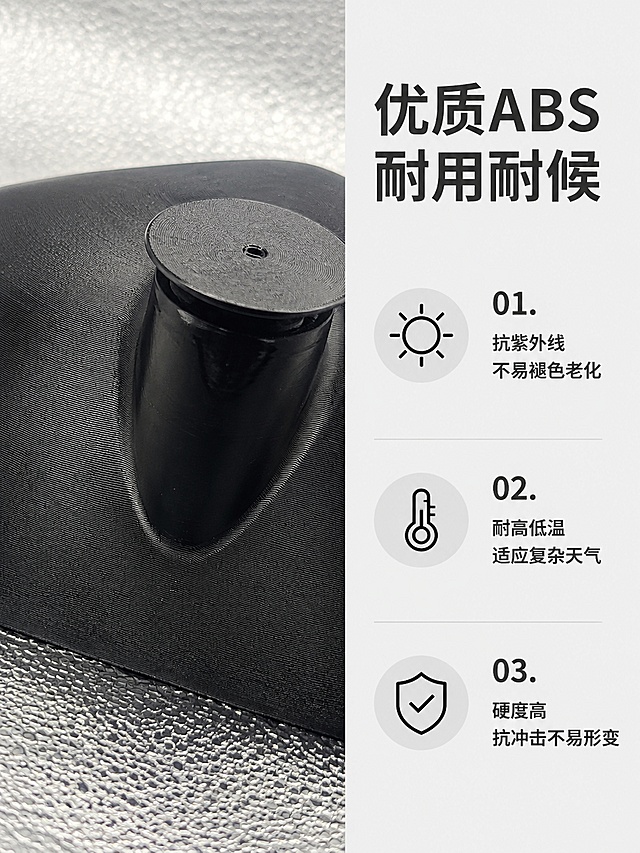 [第4屏] 材质解析屏，解析ABS材质优势。本屏使用【图1】产品微距细节展示。
[氛围/风格] 专业材质解析风格，清晰突出材质质感。
[元素布局] 左侧产品微距特写占50%，右侧材质优势说明占50%。微距突出产品哑光黑色ABS材质表面纹理，结构与输入一致。
[光影质感] 侧光突出材质纹理，明暗对比清晰，细节表现细腻。
[配色色系] 全局底色 #F0F0F0，主色黑色产品，深灰说明文字，浅灰背景衬托。
[视角构图] 左特写右文字，左右分栏，清晰展示。
[文字版式] 顶部主标题「优质ABS 耐用耐候」，右侧三点材质优势：1.抗紫外线 不易褪色老化；2.耐高低温 适应复杂天气；3.硬度高 抗冲击不易形变。文字排版清晰，不遮挡产品细节。
[比例分辨率] 3:4竖版比例，4K分辨率，文字清晰可辨，高清画质。
[负向提示词] 对焦模糊，结构变形，文字错乱，颜色偏差，水印。