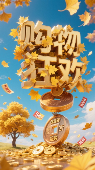 “购物狂欢”主题大字，由金黄枫叶缠绕，鎏金立体感强烈，成为画面主体。下面是一个立体铜钱托举着。左下角一颗金黄银杏树，银杏树下面是铺满金币，四周飘落着很多银杏叶，叶子上写有优惠券，5折，抢购等促销字样预览效果