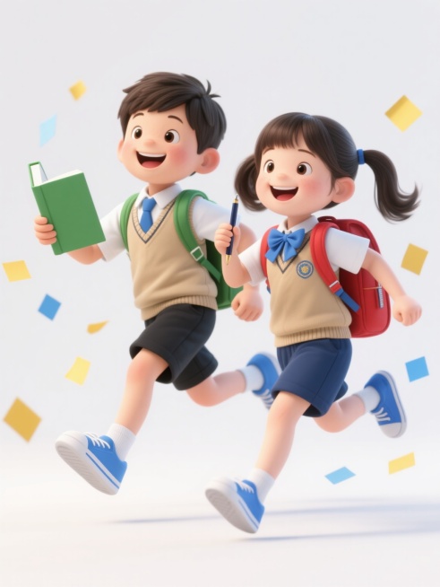 3D卡通风格，两个穿着校服的小学生，男孩穿着白色衬衫、卡其色背心、蓝色领带、黑色短裤、蓝色运动鞋，背着绿色书包，右手拿着一本绿色的书；女孩扎着双马尾，穿着白色衬衫、卡其色背心、蓝色蝴蝶结领结、深蓝色短裤、蓝色运动鞋，背着红色书包，左手拿着一支笔。他们面带灿烂的笑容，正在向前跳跃，男孩左腿在前右腿在后，女孩右腿在前左腿在后，周围有黄色和蓝色的方形纸片飞舞。整体画面色彩明快，光影柔和，具有立体感和……预览效果