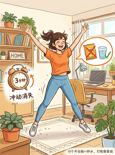 手绘插画风格，明亮活泼的居家或办公室场景，一位穿着日常休闲服的年轻女性正在做开合跳，手脚张开，表情轻松带笑。她旁边有一个气泡对话框，里面画着一包薯片配上红叉，一杯水配上绿色对勾。背景有一个小闹钟显示"预览效果