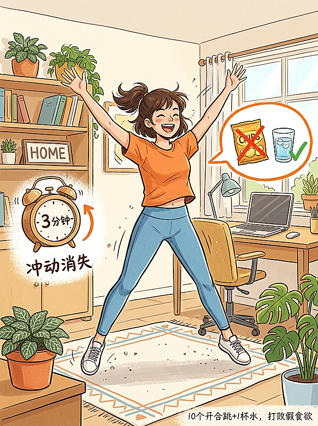 手绘插画风格，明亮活泼的居家或办公室场景，一位穿着日常休闲服的年轻女性正在做开合跳，手脚张开，表情轻松带笑。她旁边有一个气泡对话框，里面画着一包薯片配上红叉，一杯水配上绿色对勾。背景有一个小闹钟显示"3分钟"并用箭头标注"冲动消失"。整体色调活泼明亮，以橙色和浅蓝色为主，画风动感可爱。画面角落写小字"10个开合跳+1杯水，打败假食欲"